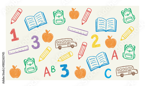 Colorful hand-drawn school supply icons pattern with pencils, books, backpacks, apples, and buses in a playful crayon doodle style representing elementary education and learning