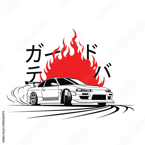 Fiery high-performance sportscar drifting dynamically on a track, bold graphic vector illustration