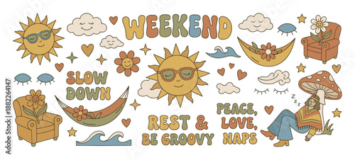 Set of retro groovy 1970s stickers featuring a smiling sun, sleeping person, flowers, and positive slogans for a relaxed weekend mood in a hand-drawn cartoon doodle style