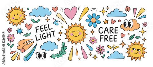 Cheerful set of retro groovy doodles featuring smiling suns, cute clouds with eyes, colorful flowers, hearts, and positive text affirmations like 'Feel Light' and 'Care Free'