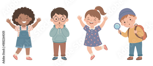 Diverse set of four cute cartoon children expressing various emotions and activities like happiness, surprise, and curiosity in a charming flat illustration style