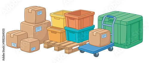Cardboard boxes, colorful plastic crates, a wooden pallet, and a dolly create a detailed illustration of warehouse logistics and shipping supplies