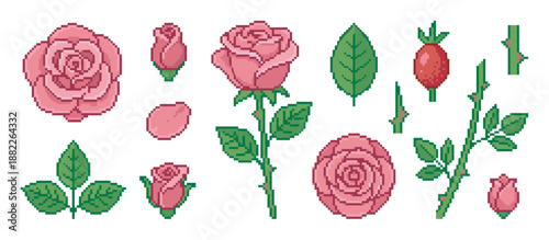 Collection of pink rose pixel art elements showing flowers, buds, petals, leaves, thorny stems, and a rosehip in a charming retro 8-bit video game graphic style