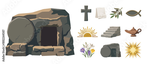Collection of Christian religious symbols for Easter including the empty tomb, cross, olive branch, and flowers, a flat vector illustration set for spiritual celebration