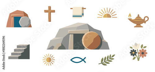 Collection of Christian Easter resurrection symbols including the empty tomb, cross, fish, and sun, rendered in a clean, minimalist flat vector illustration style