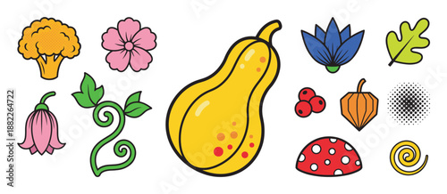 Colorful collection of cartoon nature elements including a squash, flower, mushroom, and cauliflower in a pop art comic book style with thick black outlines and halftone dots