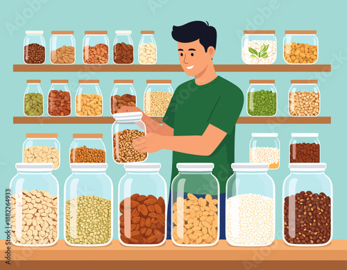 A man organizing jars of grains and spices in a pantry or bulk food store. Flat vector illustration of sustainable shopping and zero waste lifestyle.