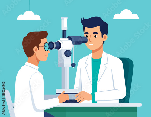 An optometrist or eye doctor performing a vision exam on a patient. Flat vector illustration of ophthalmology, healthcare, and medical consultation.