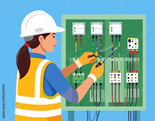A female electrician in a hard hat and safety vest working on an electrical control panel. Flat vector illustration of technical maintenance and engineering.