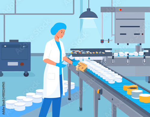 A female scientist or laboratory technician working on a production line in a clean lab. Flat vector illustration of pharmaceutical or food science.
