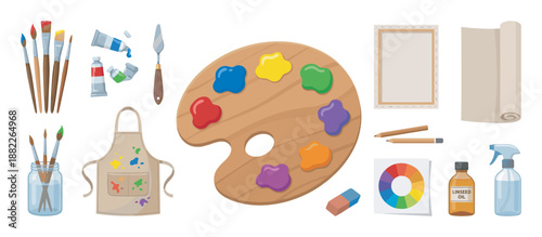 Set of colorful painting equipment including a wooden palette, brushes, canvas, and paint tubes arranged as a creative kit for an artist's hobby or professional work