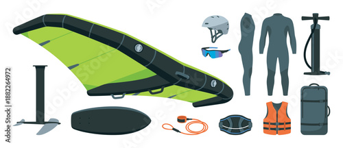 Wing foiling equipment and gear collection with an inflatable green wing, hydrofoil board, wetsuit, helmet, and safety accessories for water sports, shown in a flat vector illustration