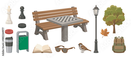 Large collection of illustrated park elements for leisure and recreation, featuring a chess table bench, lamppost, tree, sparrow, backpack, and other autumn accessories