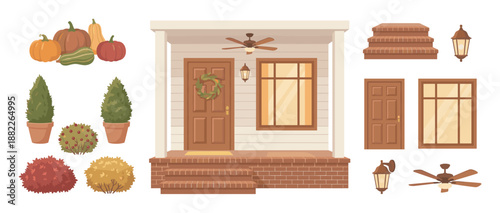 Set of autumn home exterior elements for constructing a cozy front porch with a door, window, brick steps, pumpkins, potted plants, and lights in a flat cartoon style