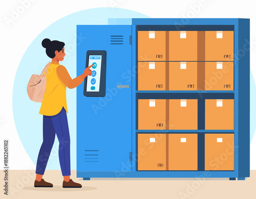 A woman is using an automated parcel locker to pick up or drop off packages.