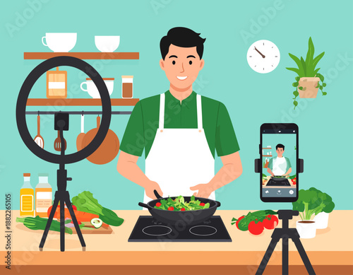A male chef cooking vegetables in a pan, recording a cooking video with a smartphone and ring light in a modern kitchen.