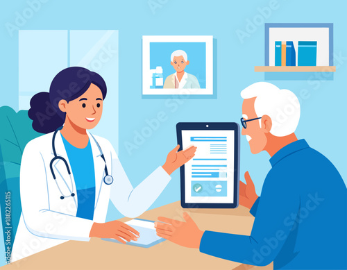 A female doctor in a white coat and stethoscope explaining medical information on a tablet to an elderly male patient during a consultation in a clinic.