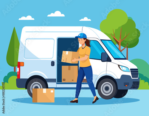 A female delivery person unloads cardboard boxes from a white delivery van.