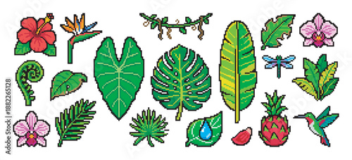 Pixel art collection of tropical jungle icons featuring hibiscus, monstera leaf, hummingbird, and dragon fruit in a colorful 8-bit graphic style