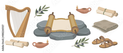 Collection of ancient biblical items including a harp, scroll on stones, oil lamp, sandals, and olive branch, shown as a set of historical and religious vector illustrations