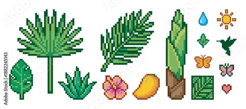 Set of tropical jungle pixel art icons featuring palm leaves, a hibiscus flower, a mango, a hummingbird, and butterflies in a retro 8-bit video game style illustration