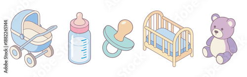 Collection of pastel colored baby items including a pram, bottle, pacifier, crib, and teddy bear, a charming set of newborn essentials in a cute illustrated style