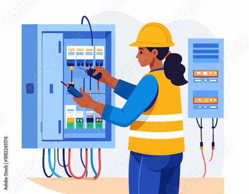 Female electrician working on an electrical panel with tools, checking wiring and circuits.