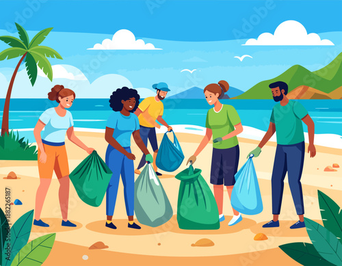 A diverse group of volunteers cleaning up a sandy beach, collecting trash in bags to protect the environment.