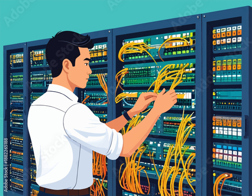A male IT professional managing network cables in a data center server rack, ensuring optimal system performance.