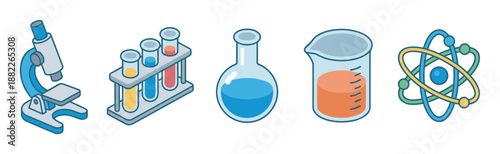 Set of colorful science icons including a microscope, test tubes, flask, beaker, and atom symbol in a clean, simple isometric illustration style for educational or laboratory concepts