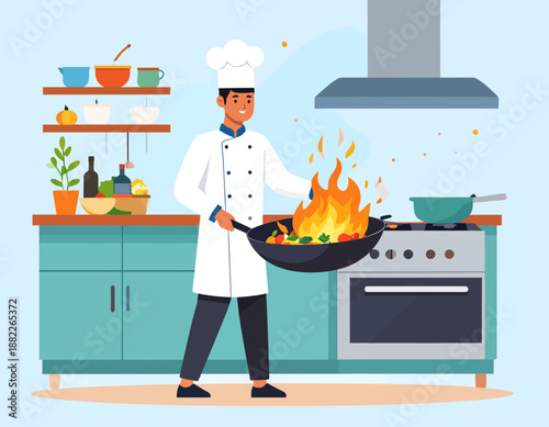 Professional chef cooking food with a flaming pan in a restaurant kitchen. Flat vector illustration of culinary arts and hospitality industry.