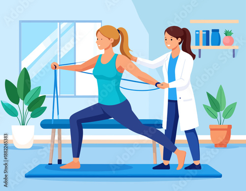 Physical therapist helping a woman with stretching exercises in a clinic. Flat vector illustration of rehabilitation, health, and medical therapy.
