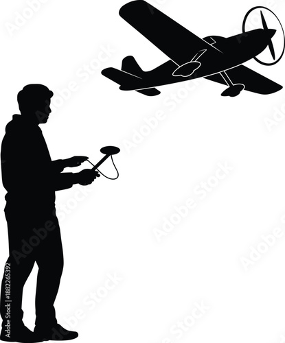 Silhouette of man operating remote control airplane, aviation hobby concept, RC aircraft flying in sky, technology leisure activity, isolated black figure on white background