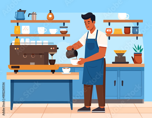 A male barista in a blue apron pouring steamed milk into a coffee cup at a modern coffee shop counter with an espresso machine.