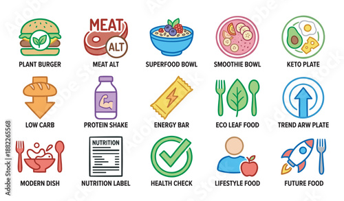 Colorful set of modern food trend icons representing healthy eating, dietary choices like keto and low carb, plant-based alternatives, protein supplements, and future food concepts