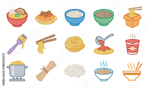 Colorful collection of noodle and pasta icons showing various dishes like ramen, spaghetti, and takeout food in a simple flat cartoon vector illustration style