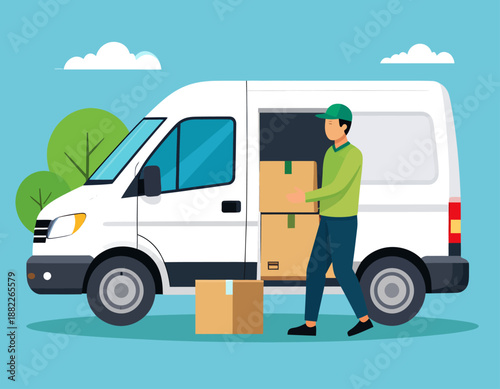 A delivery person in a green cap and shirt loading cardboard boxes into a white cargo van.