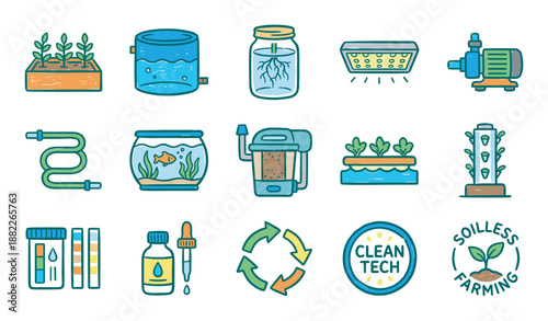 Hydroponics and aquaponics icon set illustrating soilless farming equipment like grow lights, water pumps, vertical towers, and nutrient solutions in a colorful hand-drawn cartoon style