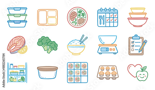 Collection of colorful meal prep icons showing food containers, healthy ingredients, and planning tools in a cute hand-drawn doodle style for nutrition and diet concepts