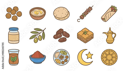 Hand-drawn doodle icon set of Arabic food and cultural elements featuring hummus, falafel, kebab, dates, baklava, and a traditional coffee pot in a warm, simple art style
