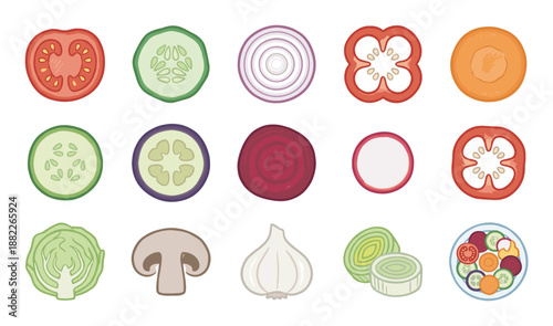 Sliced fresh vegetable ingredients in a colorful collection including tomato, cucumber, onion, bell pepper, carrot, and mushroom, depicted as a flat design icon set for healthy cooking