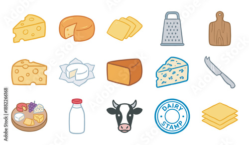 Collection of cheese and dairy product icons featuring various types of cheese like swiss and blue, milk, a cow, and kitchen utensils in a cute, colorful cartoon illustration style