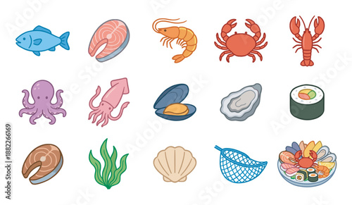 Collection of cartoon style seafood illustrations featuring fish, salmon, shrimp, crab, lobster, octopus, squid, shellfish, and sushi in a colorful flat vector design