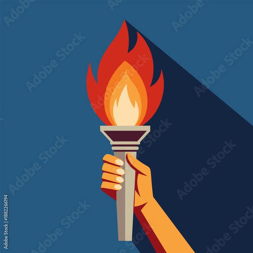 Flaming torch in hand icon on blue background. Illustration.