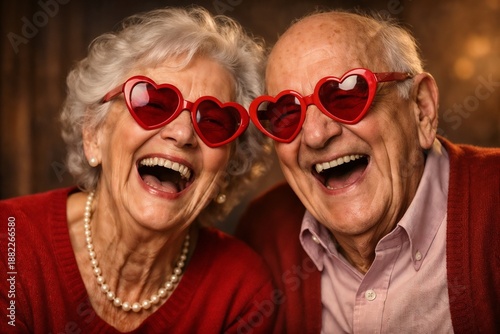 Happy Senior Couple Laughing Together Wearing Heart Shaped Glasses on Valentine’s Day