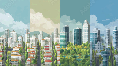 Cityscape illustration shows skyscrapers and trees under various skies with clouds