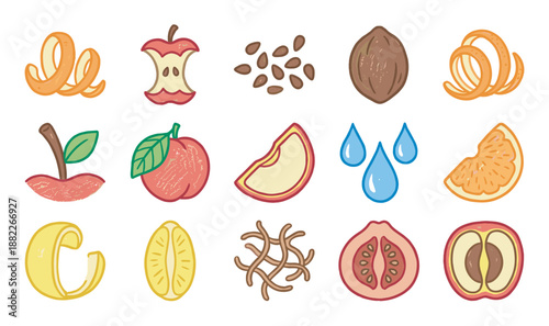 Collection of hand-drawn fruit and food waste icons showing apples, citrus, seeds, and peels in a cute, textured cartoon illustration style for healthy eating concepts
