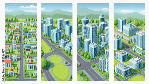 Cityscape illustration shows modern buildings and roads in an urban landscape with greenery and mountains.