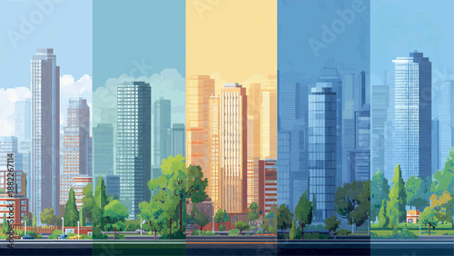 Cityscape illustration shows skyscrapers and trees under a blue sky with sunny daytime conditions from a distant outdoor viewpoint