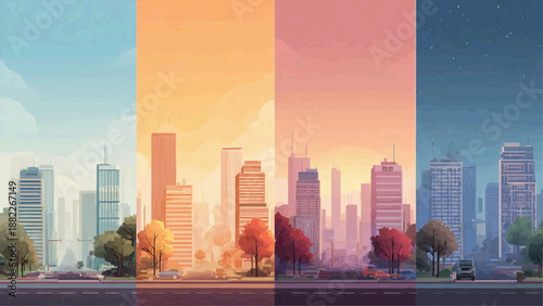Vibrant cityscape illustration showcases skyscrapers, trees, buildings, streets, and cars under a colorful sky